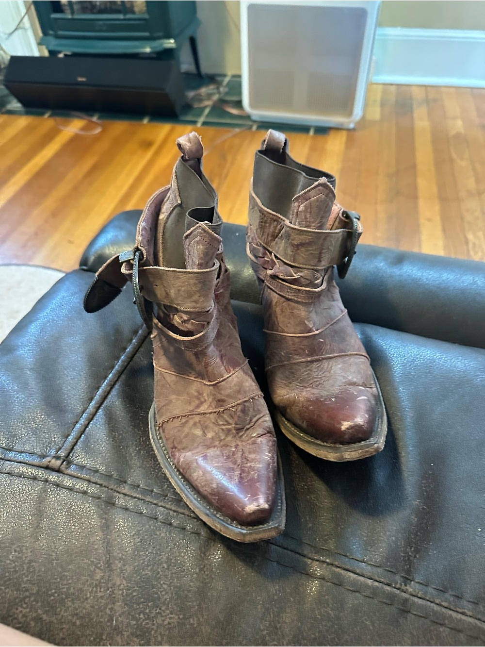 Women's Brown Distressed Leather Ankle Booties with Buckle Strap
